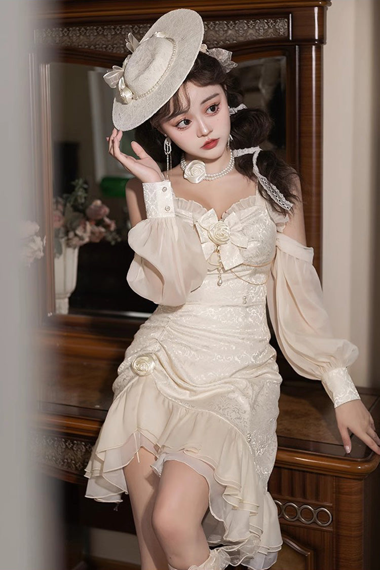 Champagne [Camellia 2.0] Sleeveless Jacquard Ruffle Lace Asymmetric Sweet Chinese Style Fishtail Lolita Jsk Dress