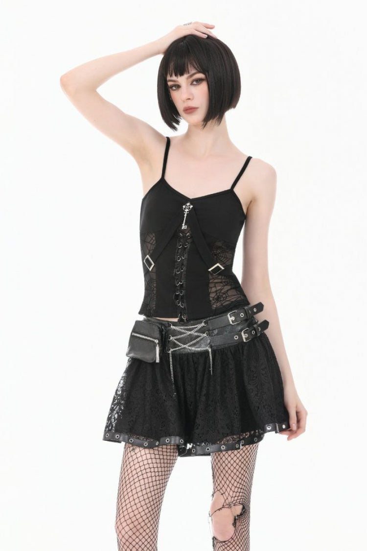 Schwarzer Damen-Gothic-Minirock aus Spitze mit Ösen und Schnallenriemen