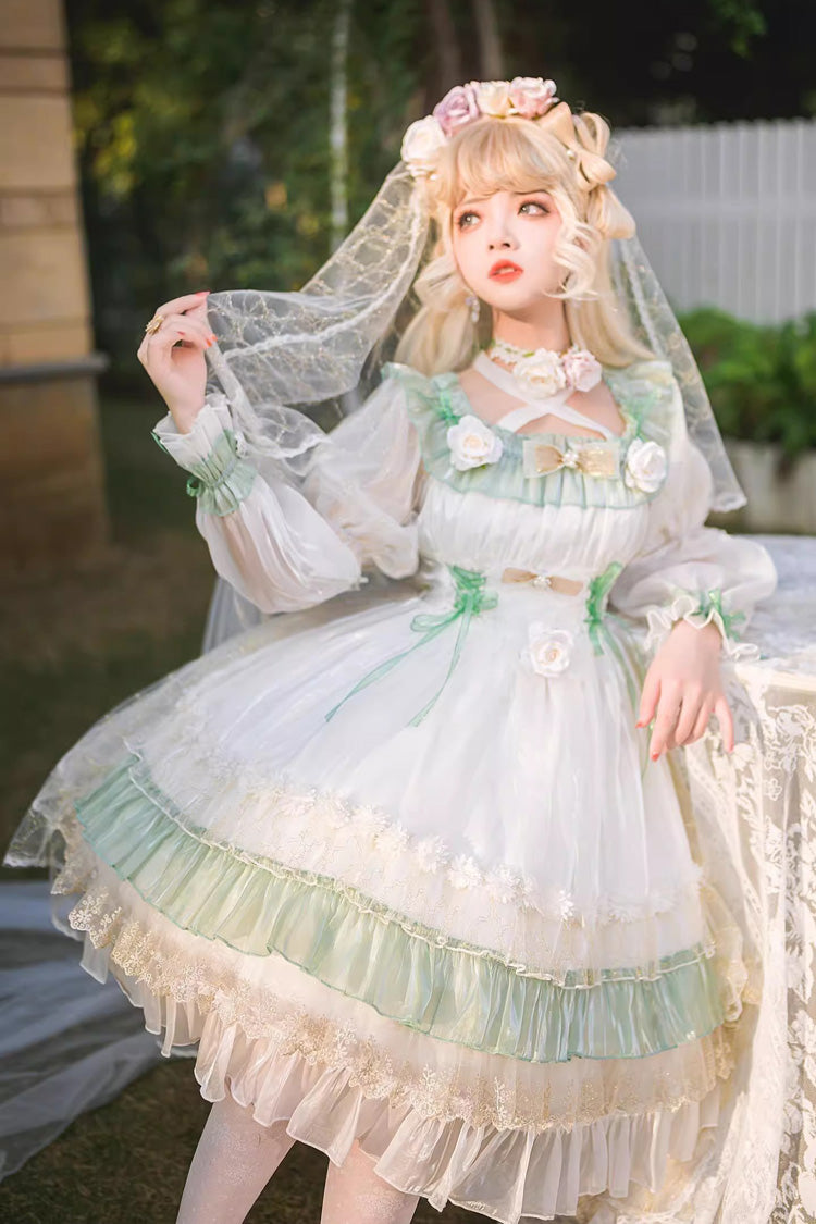 Green [Spring of Boliya] Long Sleeves Multi-Layered Ruffle Bowknot Lace Lace-Up Sweet Princess Lolita Dress