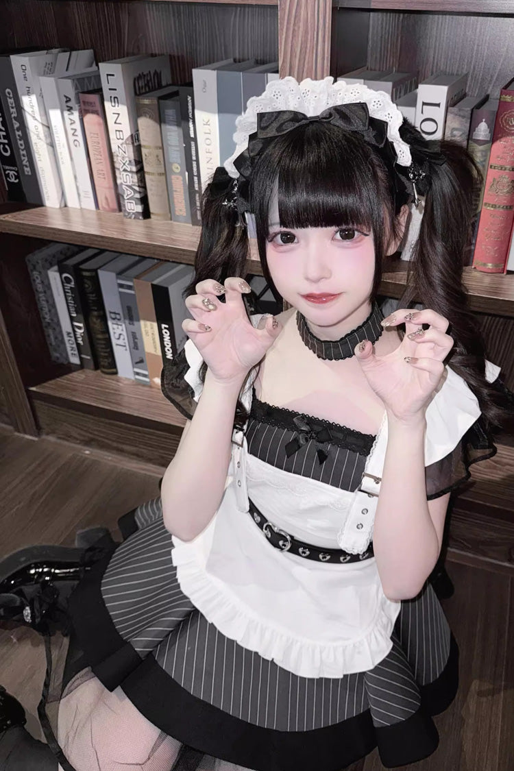 Grey/Black Short Sleeves Stripe Print Ruffle Jirai Kei Dress