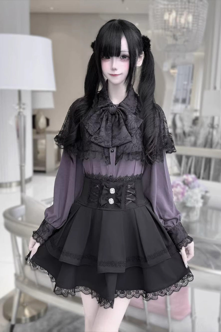 [Dark Moon Shadow] Langärmeliges, doppellagiges, gerüschtes, besticktes Schleifen-Schnürset aus Gothic-Jirai-Kei-Lolita-Oberteil + Rock-Set