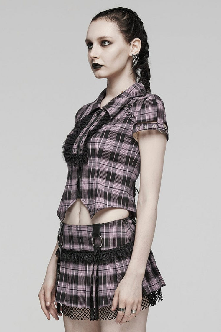 Damen Bluse mit kurzen Ärmeln, Karomuster, hohle Spitze, Steampunk-Stil, 2 Farben