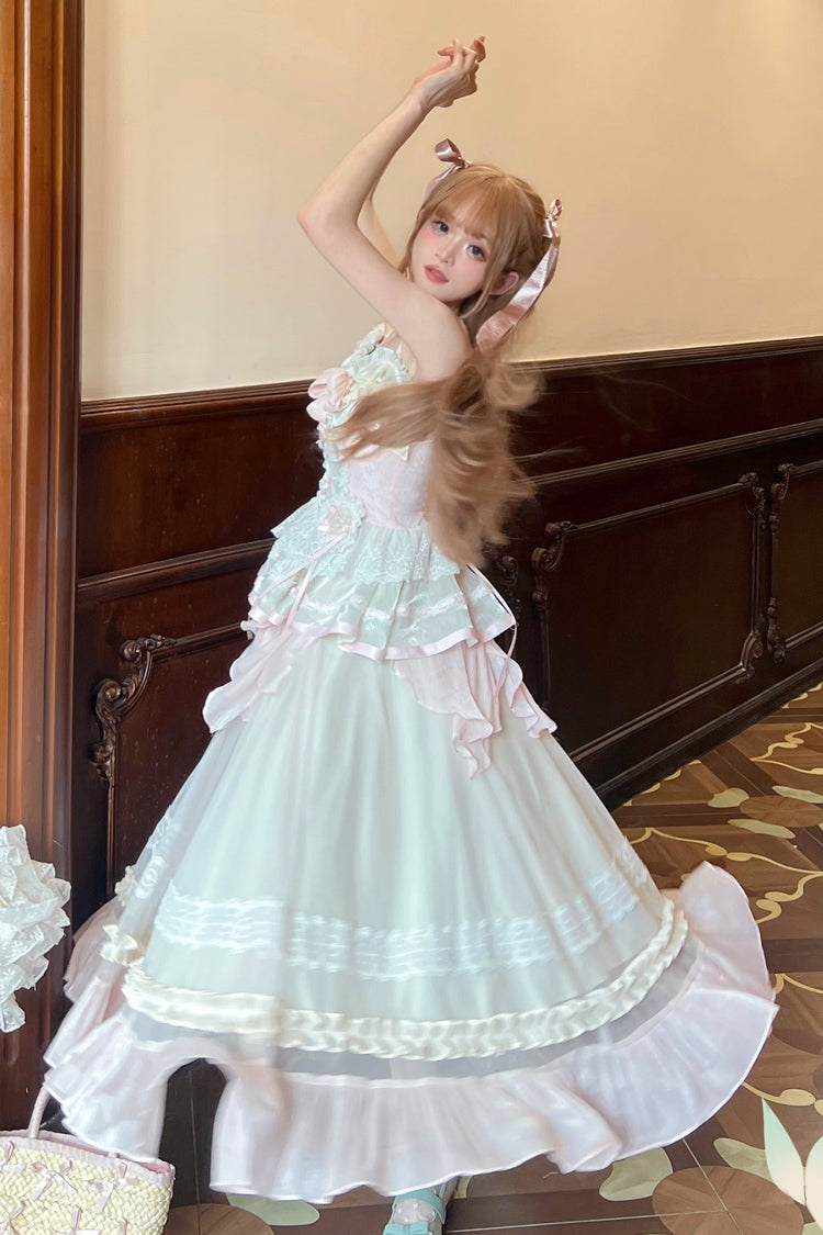 Rosa/Grün Sommer Garten Rüschen Stickerei Bowknot Spitze Süße Lolita Jsk Langes Kleid