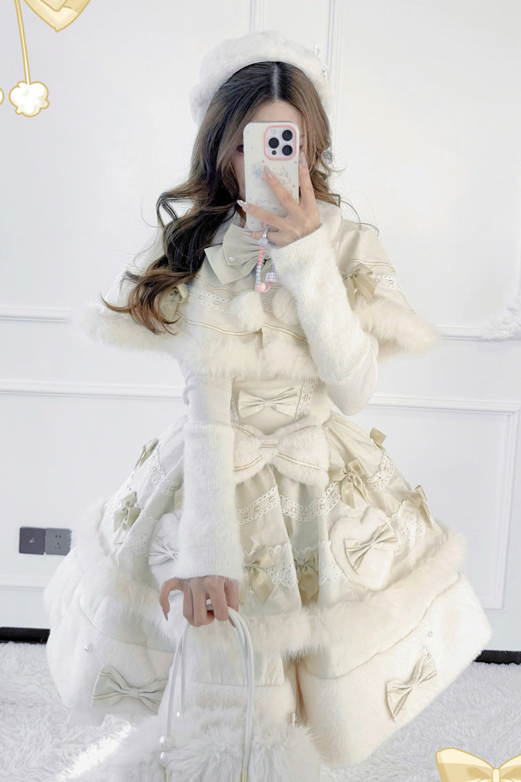Aprikose [Hören Sie sich Winterwünsche an] Doppellagiges Schleifenband Spitze Süße Prinzessin Wunderschönes Lolita Stufenkleid mit Umhang 