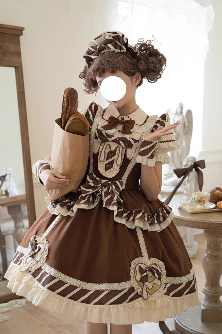 Brown Short Sleeves Print Ruffle Bowknot Sweet Princess Lolita Jsk Dress Set