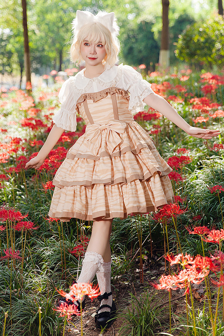 Aprikose [Cloth Cat] Süßes Lolita-Kleid mit dreilagigem Druck, Rüschen und Schleife