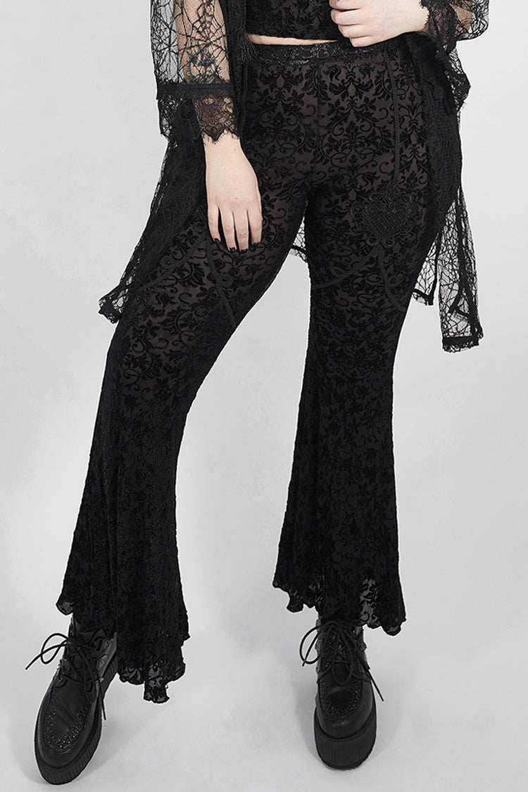 Black Plus Size Velvet Print Front Decals Knit Flare Women's Gothic Pants