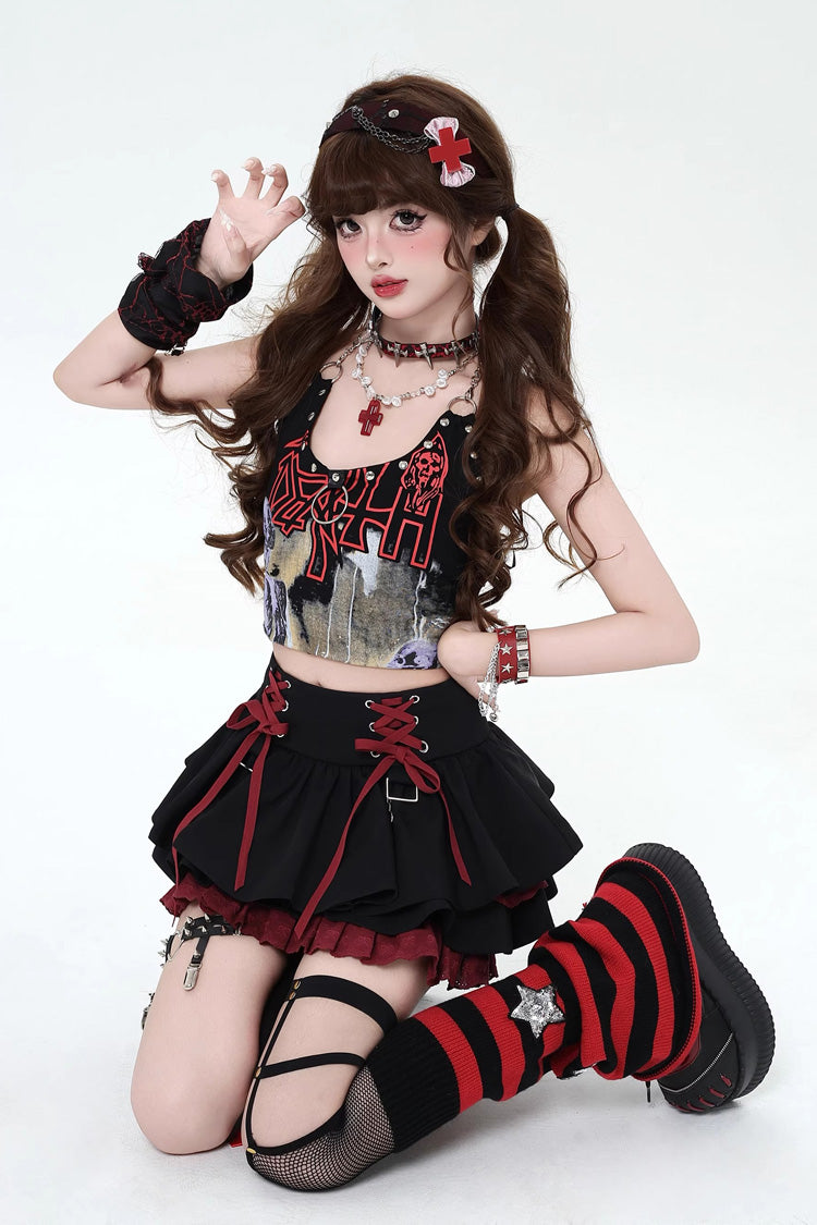 [Période Rebelle] Jupe Lolita Gothique Japonaise à Lacets à Volants Double Couche 3 Couleurs 
