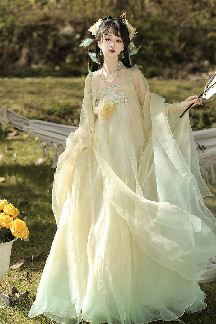 マルチカラー [春の宴会] ハイウエスト オンブル刺繍 レディース スイート クラシック 漢服 ドレス セット