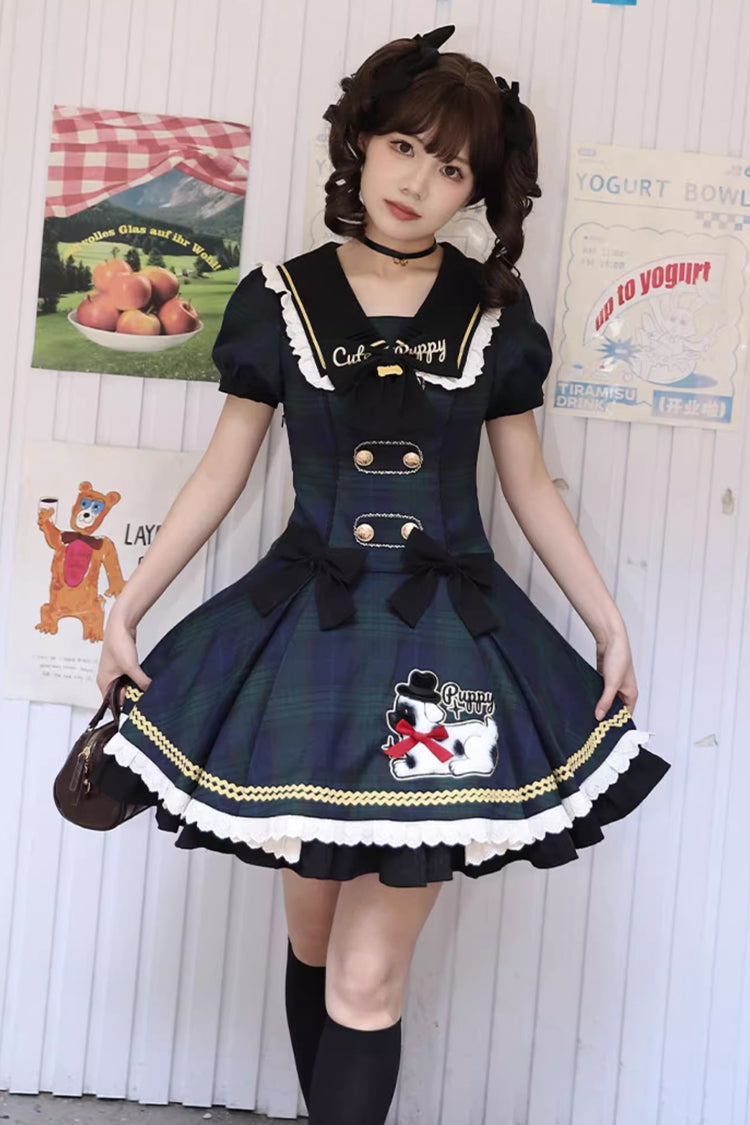 Blue [Dalmatian] Short Sleeves Print Ruffle Bowknot Slim Sweet Lolita Dress