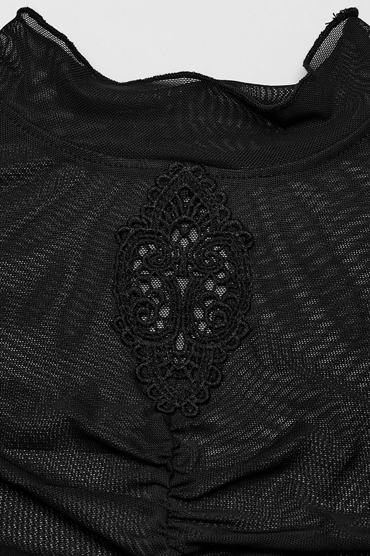 Black Long Sleeves Floral Embroidery Mesh Women's Gothic Blouse