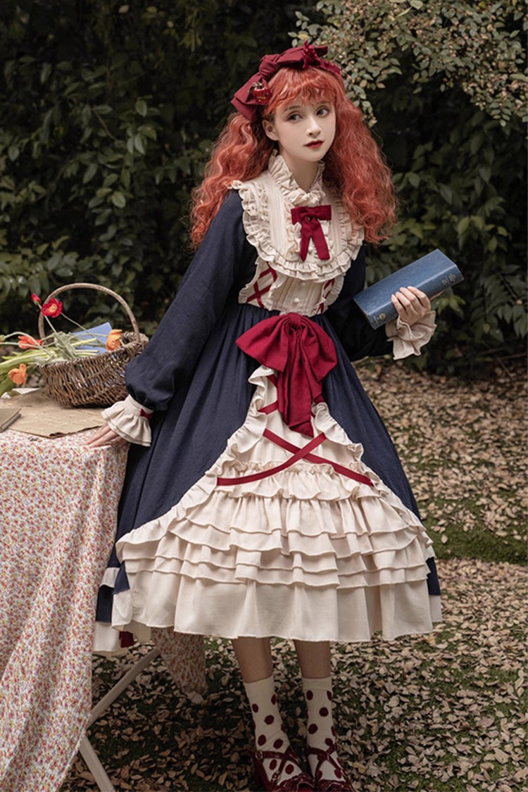 Blue Round Collar Bowknot Long Sleeves Multi-Layer Ruffled Sweet Lolita OP Dress (Plus Size Version)