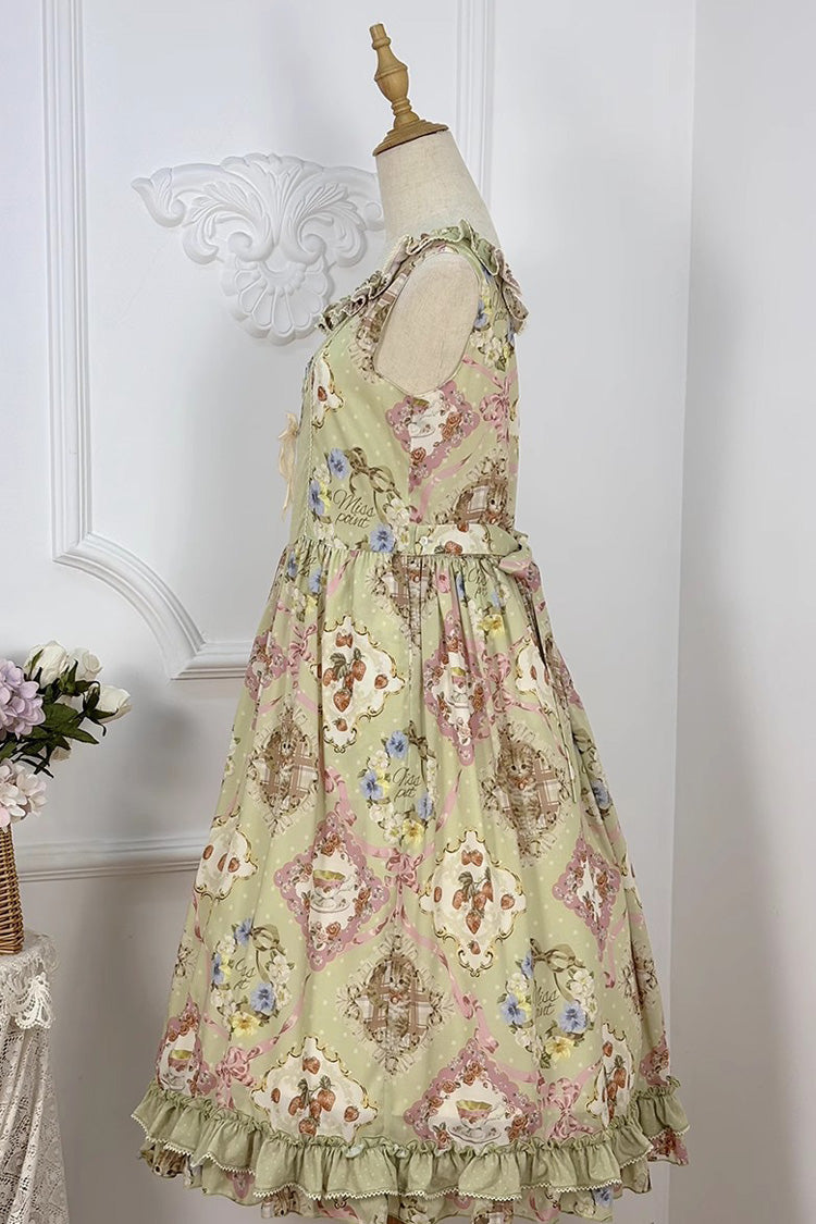 Robe Jsk Lolita Douce Sans Manches Imprimée à Volants et Nœud Papillon [Thé Rose Chat Vert] 