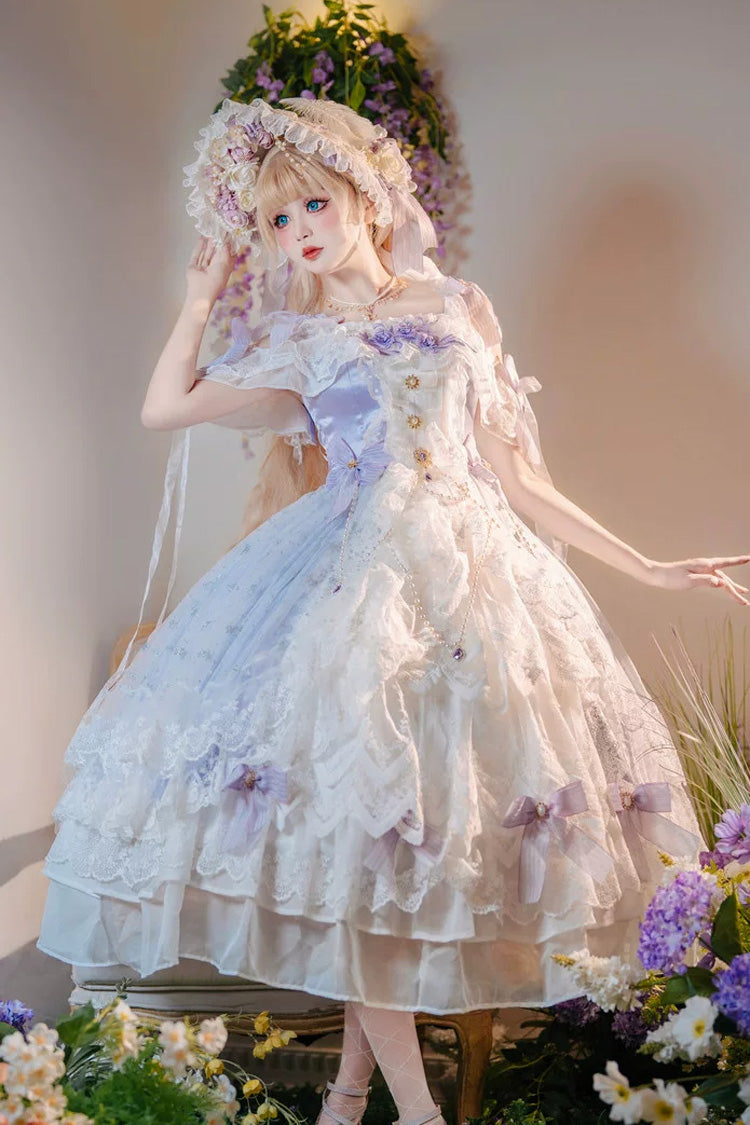 Violet clair [Illusion glacée] Épaules dénudées Dos nu Sans manches Multicouche Imprimé Style de mariage Brodé Ouvert sur le devant Noeud en dentelle Détail de perles Robe Lolita douce