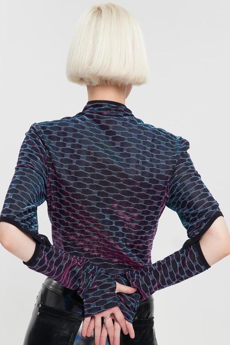 Multi-Color Punk Long Sleeve Mesh Fabric Front Collar Pentagram Zipper Chain Collocation Women's T-Shirt
