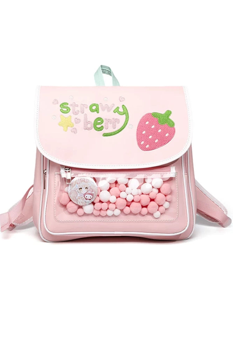 Pink Strawberry Embroidered Clear Pocket Women's Sweet Lolita Kawaii Ita Bag Backpack