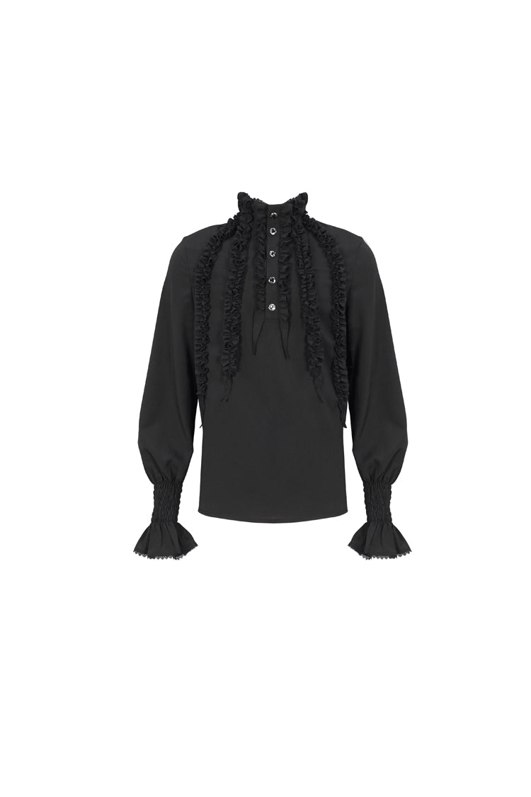 Black Irregular Stand Collar Puff Sleeved Ruffled Men's Gothic Shirt