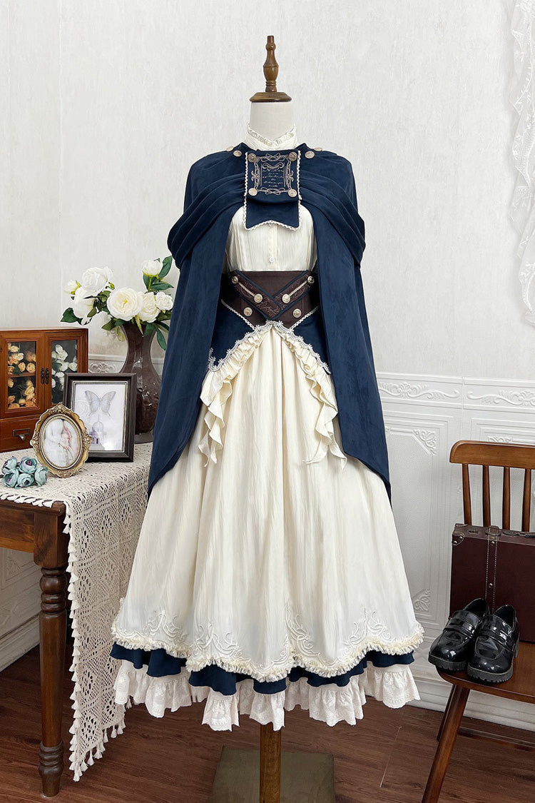 Beige [Morning Mist Coast] Stand Collar Long Sleeves Ruffle Embroidery Vintage Elegant Lolita Skirt Dress Set