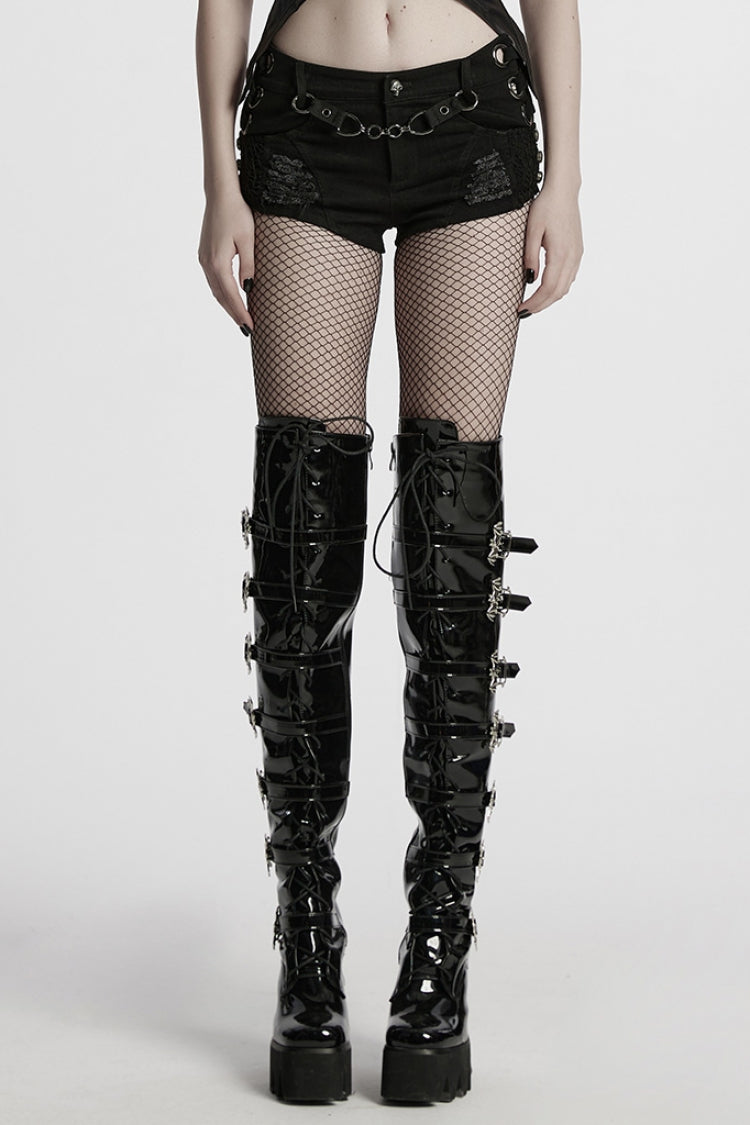 Black Studded Ripped Straps Women's Punk Shorts