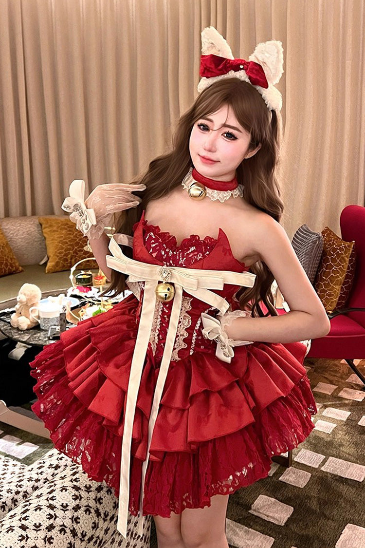 Red [Holiday Lovers] Sleeveless Triple-Layered Ruffle Hollow Bowknot Lace-Up Princess Ballet Sweet Lolita Dress