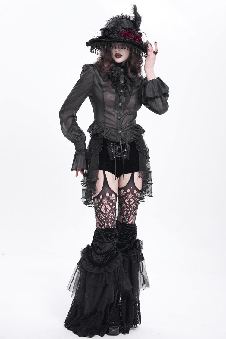 Black Ruffle Stitching Lace-Up Mesh Women's Gothic Shorts