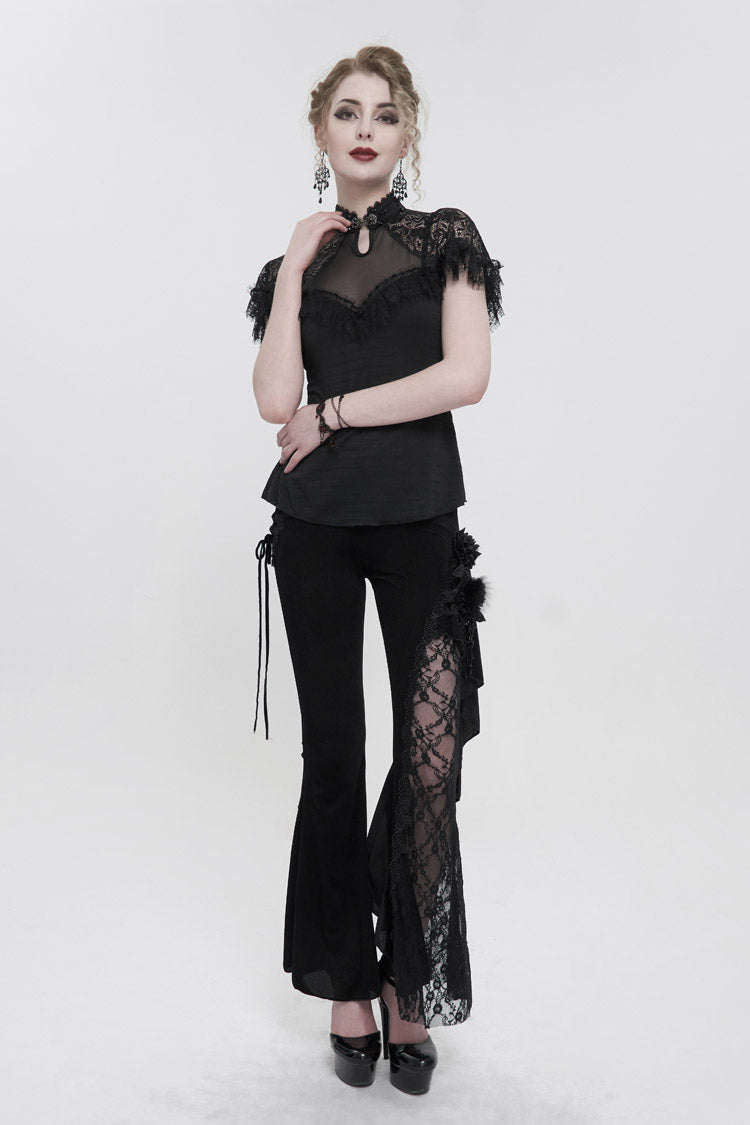 Black Velvet Single Side Stitching Rose Net Side Rope Decoration Asymmetric Pattern Flare Women's Gothic Pants