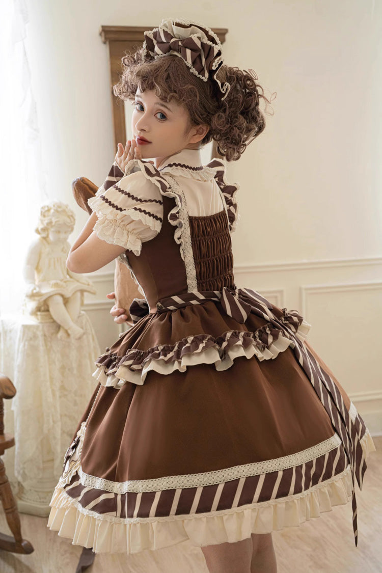 Brown Short Sleeves Print Ruffle Bowknot Sweet Princess Lolita Jsk Dress Set