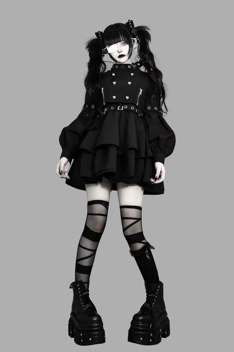 Black Stand Collar Long Puff Sleeves High Waisted Buckle Zipper Heart Studded Gothic Japanese Jirai Kei Dress