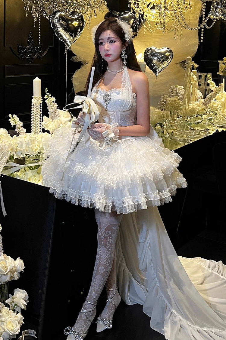 Robe Lolita Princesse Douce en Dentelle à Lacets Hanayome à Volants Triple Épaisseur sans Manches à Dos Nu Blanc [Rêve] 
