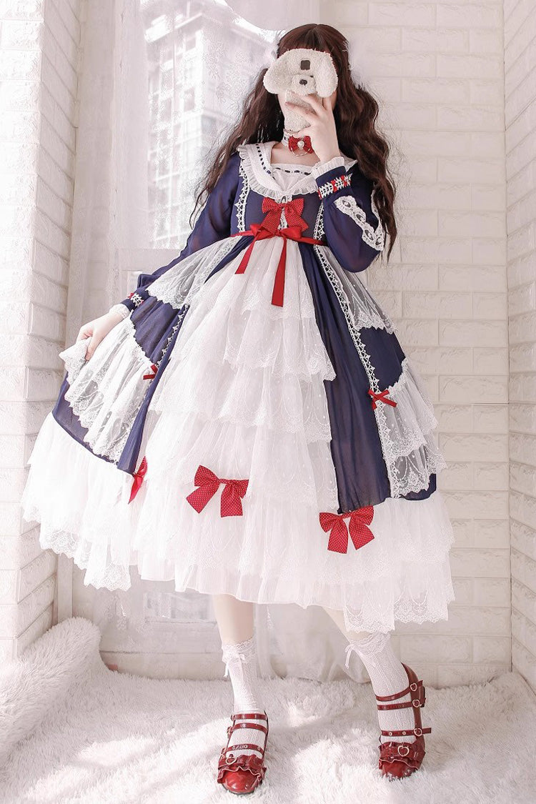 White/Blue Long Sleeves Multi-layer Ruffle Hanayome Cardigan Bowknot Sweet Princess Lolita Dress