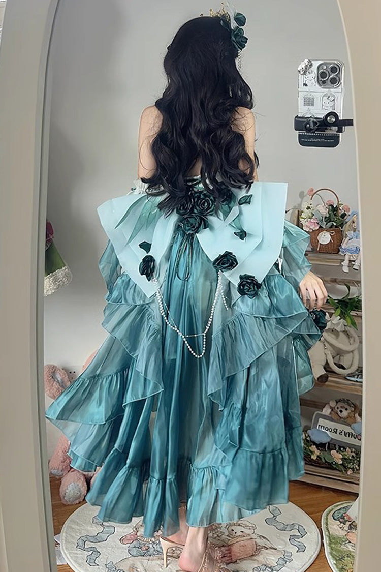 Bernsteingrün [Swan Wonderland] Stickerei Bowknot Schnürung Kurze Vorderseite Lange Rückseite Unregelmäßiges süßes Ballett Lolita Jsk Kleid