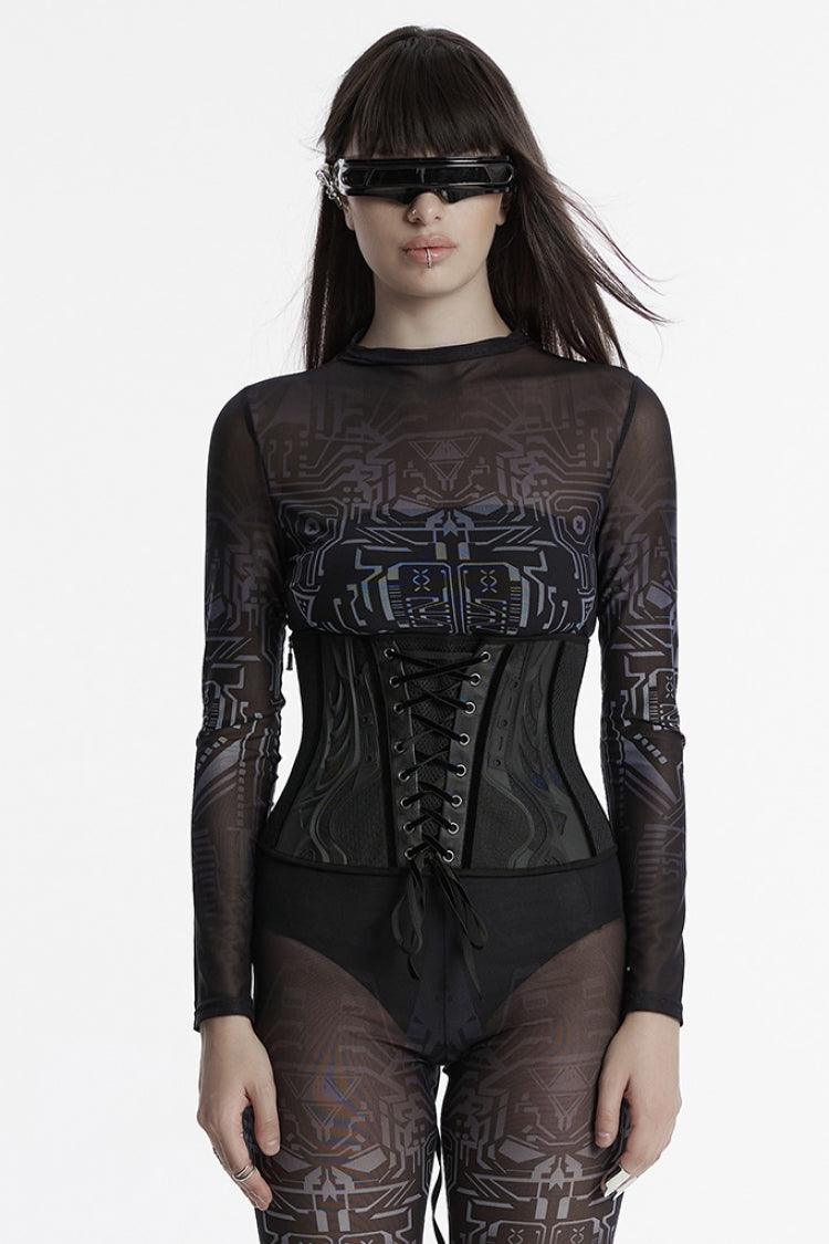 Black Faux Leather Lace-Up Mesh Women's Punk Underbust Corset