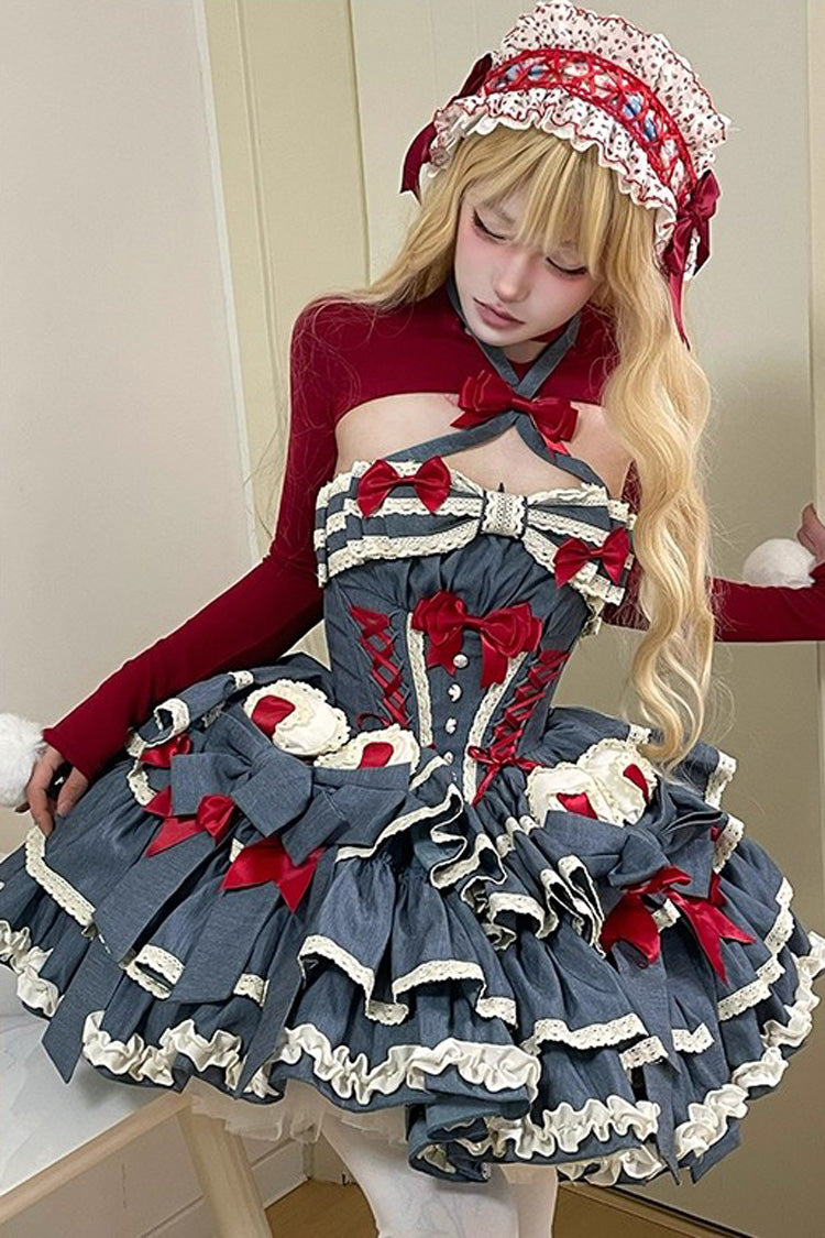 Blue [Milk Rabbit Theater] Halterneck Sleeveless Triple-Layered Ruffle Bowknot Lace-Up Sweet Lolita Jsk Dress