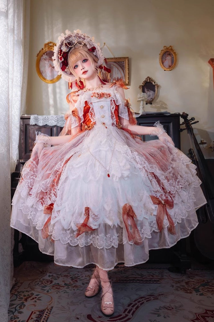 Red [Glazed Phantom] Off Shoulder Ruffle Hanayome Bowknot Lace Sweet Elegant Lolita Dress