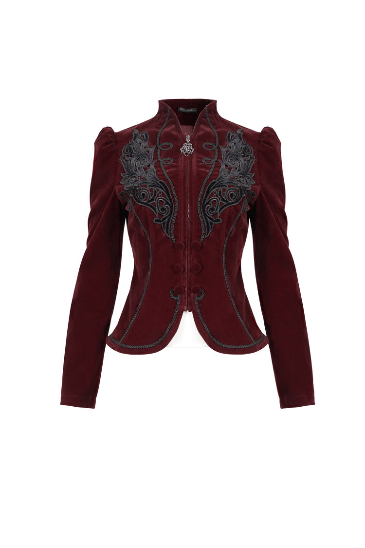 Red Stand Collar Velvet Applique On Chest Pendant Zipper Long Sleeve Women's Gothic Jacket