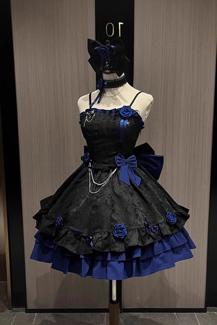 Black/Blue Print Ruffle Bowknot Gothic Princess Lolita Jsk Dress