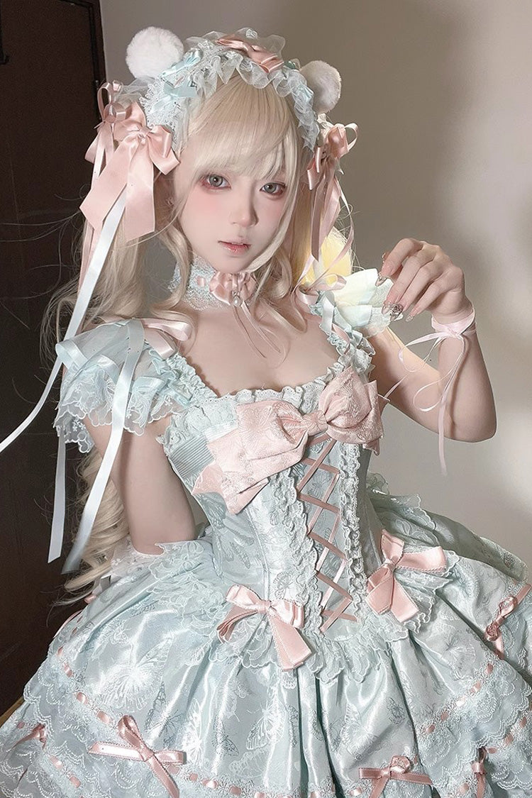 グリーン [フローラアイルバタフライ] ノースリーブ ラッフル ボウノット レース レースアップ スイート エレガント ロリータ Jsk ドレス 