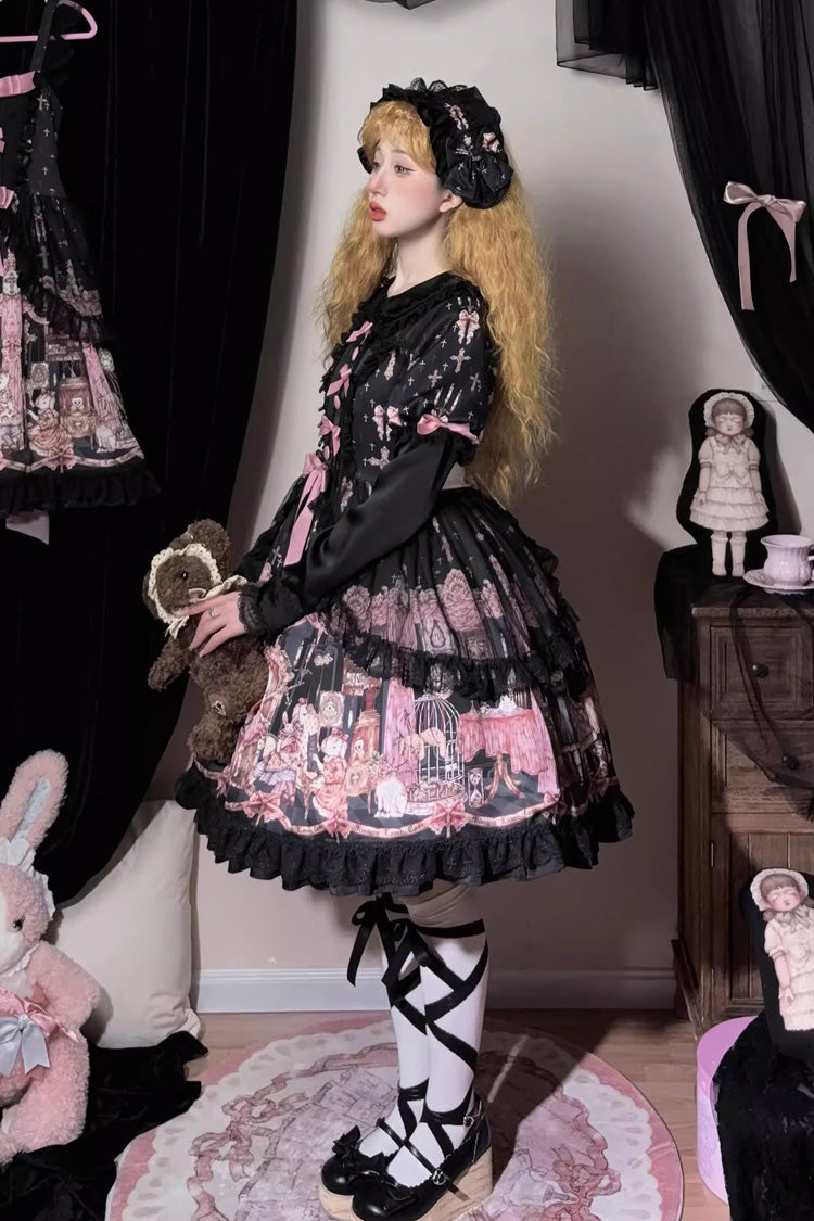 Noir [Le Cas de l'Agneau Disparu] Imprimé Manches Longues Volants Nœud Papillon Dentelle Robe Gothic Lolita 