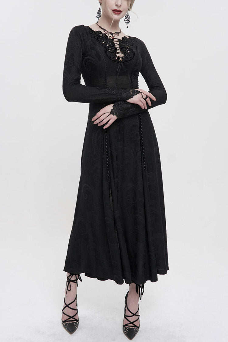 Black Long Sleeve Long Knitting Symmetrical Applique And String at The Chest Women's Gothic Dress