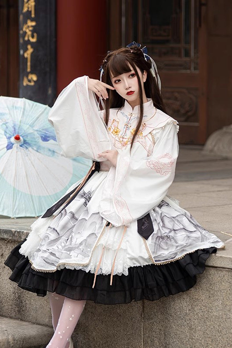 Chinese Style Long Sleeves Landscape Painting Print Bowknot Sweet Elegant Lolita Dress 2 Colors