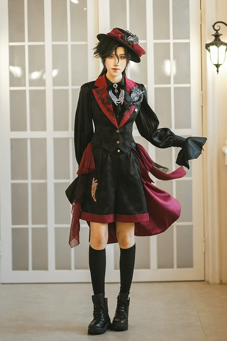 Black/Red [Moonlit Return] Jacquard Printed Lace-Up Gothic Elegant Ouji Lolita (Blouse/Pants/Shorts/Vest)