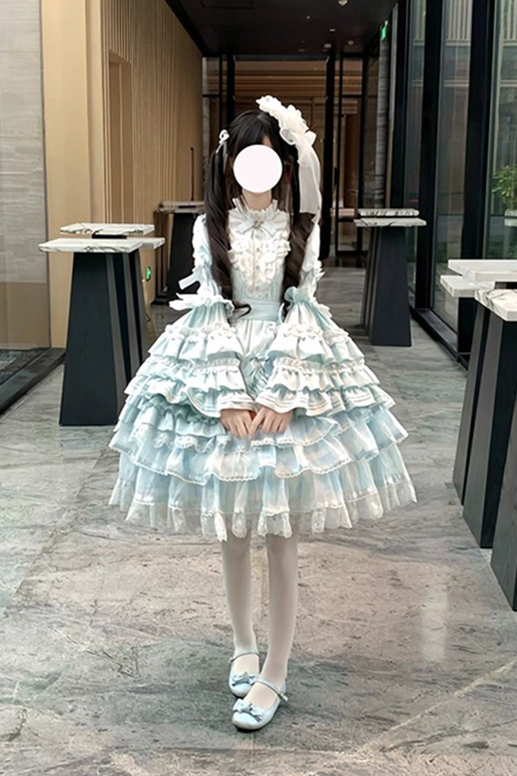 Blue [The Soloist Doll] Long Hime Sleeves Multi-Layered Print Ruffle Bowknot Asymmetric Sweet Lolita Dress