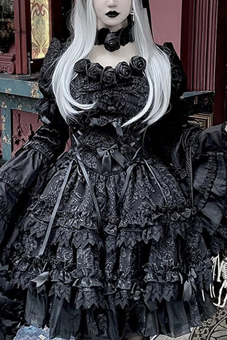 Pure Black Puff Short Sleeves Princess Gothic Lolita Tiered Dress