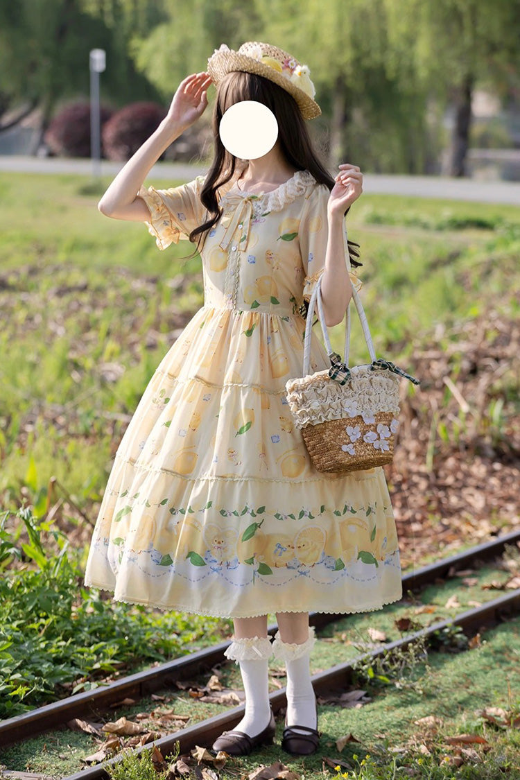 Yellow [Lemon Chicken] Short Sleeves Print Ruffle Bowknot Lace Daily Sweet Lolita Dress