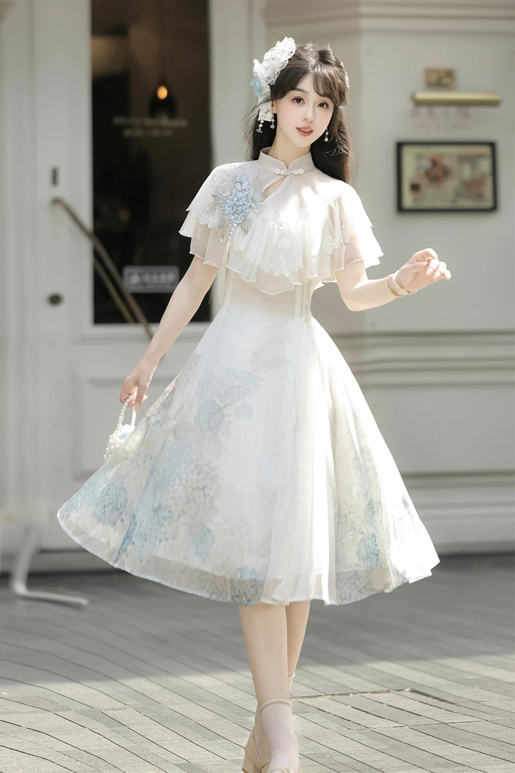 Blanc [Message Hydrangea] Manches courtes Imprimé Volant Dentelle Doux Style chinois Élégant Robe courte Lolita 