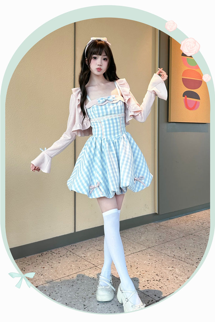 Blue [Sea Salt Strawberries] Sleeveless Plaid Print Bowknot Sweet Lolita Jsk Short Dress