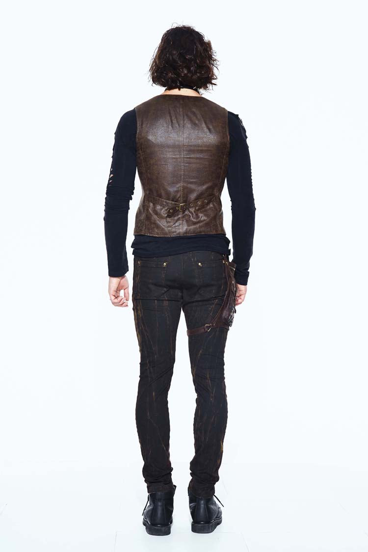 Brown Striped Retro Bags Clasp Back Waist Loops Men's Punk Waistcoat