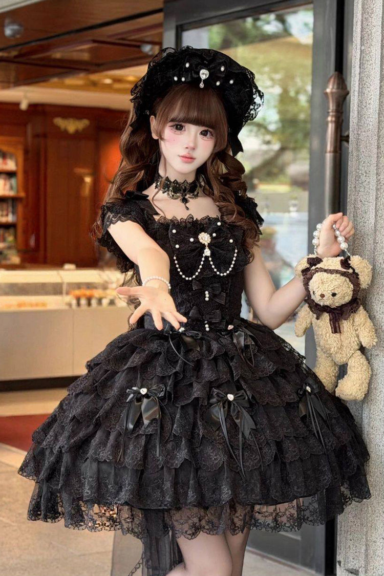 Robe gothique noire Lolita Jsk, col carré, sans manches, avec nœud multicouche, en dentelle, décorée de perles, noire