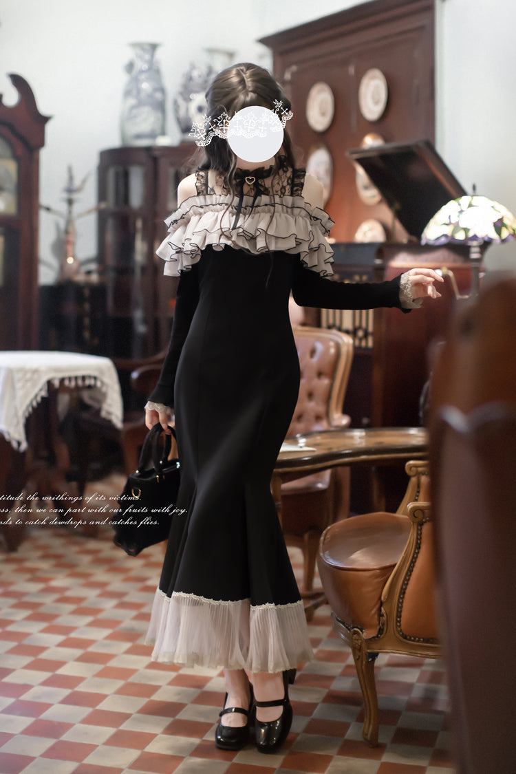 Black [Night Cherry Blossoms] Long Sleeves Ruffle Bowknot Daily Sweet Elegant Lolita Fishtail Dress