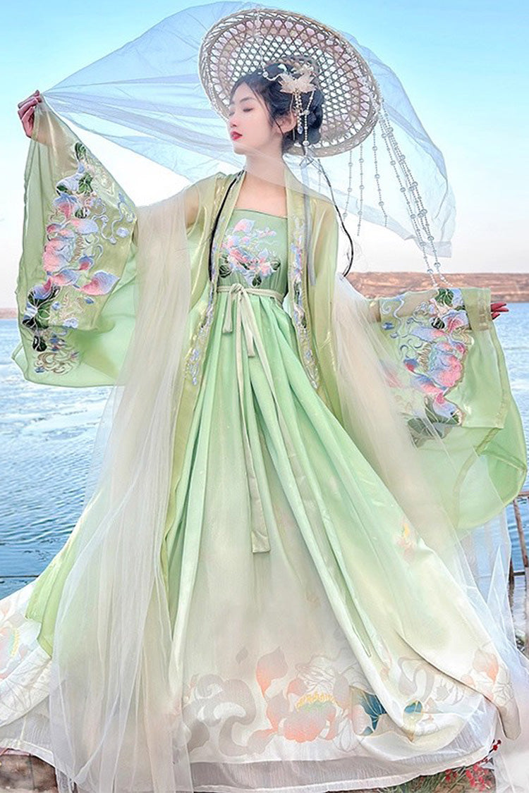 Green Tang Dynasty Long Trumpet Sleeves Print Embroidery Sweet Hanfu Dress